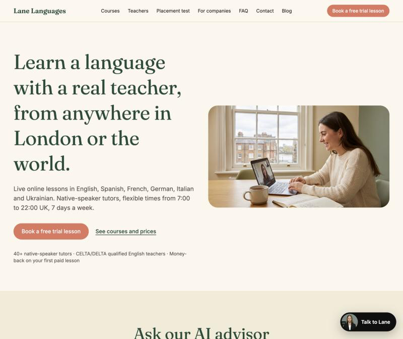 The Lane Languages home page with the Talk to Lane button in the bottom right corner