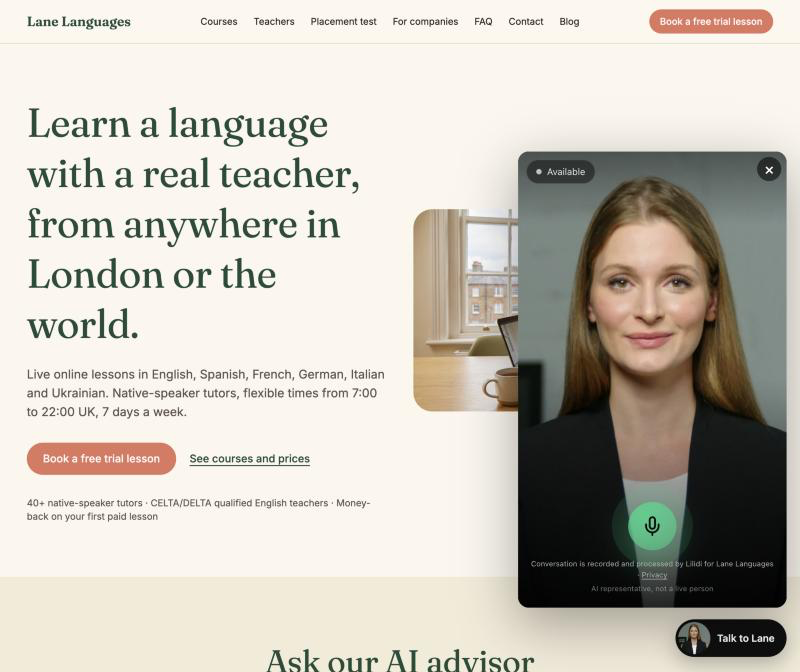 The advisor window open on the website, ready to talk